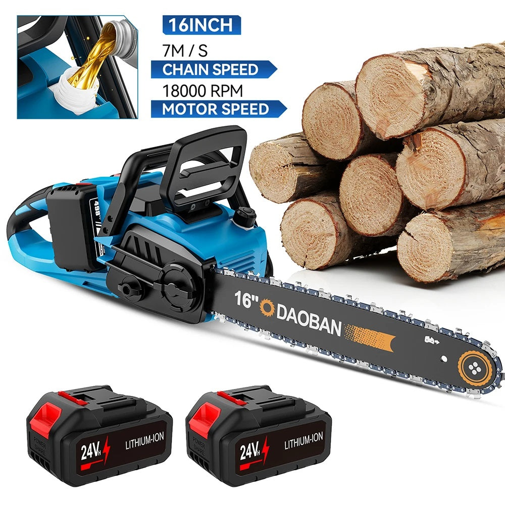 16-inch Electric Chainsaw with Automatic Lubrication, Non-Slip Handle, and Two Lithium Batteries.