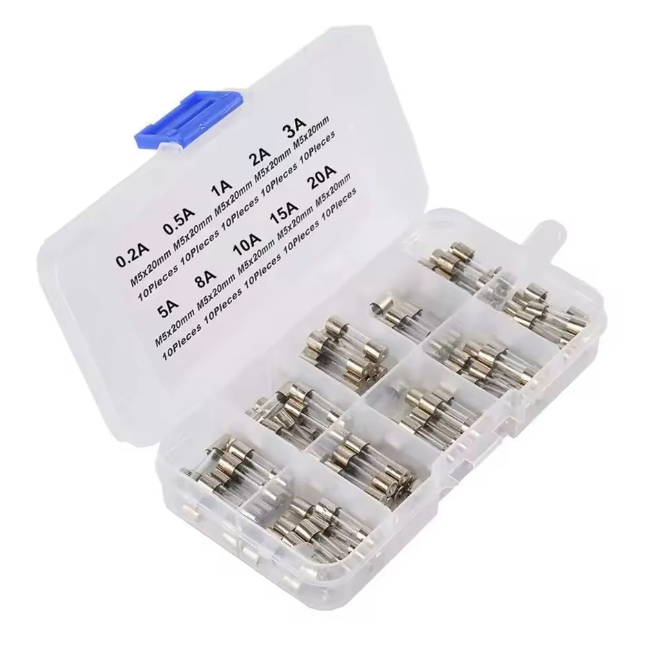 100 pcs 5x20 mm Quick-Blow Glass Tube Fuse Assortment Set, Amp Ratings 0.2A, 0.5A, 1A, 2A, 3A, 5A, 8A, 10A, 15A, 20A, 250V with Storage Box.