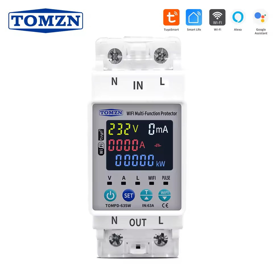 TOMPD-63SW 63A 220V TUYA WiFi Circuit Breaker. Timer with Leakage Current and Voltage Protection.
